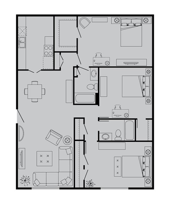 A black and white floor plan of a house with a kitchen, living room, and bathroom.