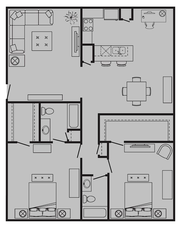 A floor plan of a house with a kitchen, living room, and two bedrooms.