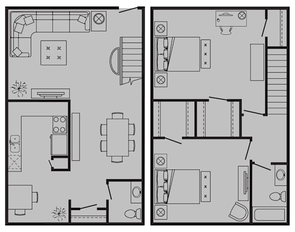 A floor plan of a house with two rooms, one with a kitchen and the other with a living room.