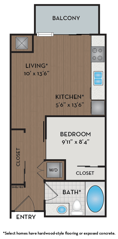 A floor plan of a small apartment with a living room, kitchen, bedroom, and bathroom.