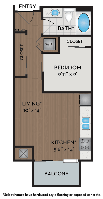 A floor plan of a home with a living room, kitchen, bedroom and bathroom.