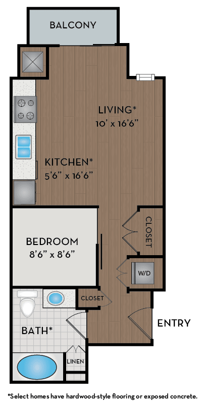 A floor plan of a home with a living room, kitchen, bedroom, bathroom and balcony.