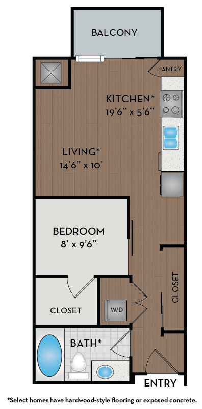A floor plan of a home with a balcony, kitchen, living room, bedroom, bathroom, closet, and entry.