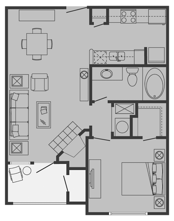 A floor plan of a house with a kitchen, living room, and bathroom.