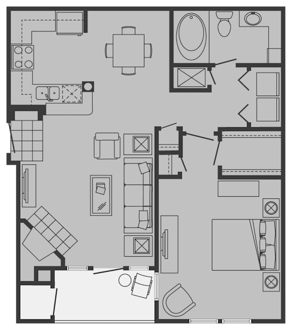 A floor plan of a house with a kitchen, living room, and bathroom.