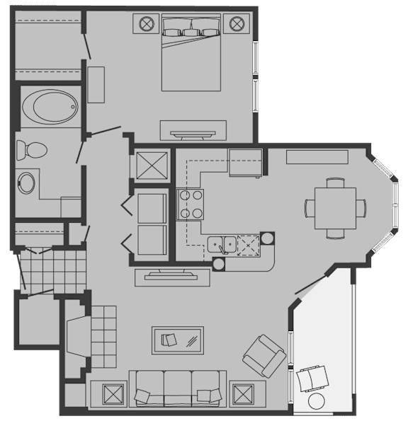 A floor plan of a house with a kitchen, living room, and bathrooms.