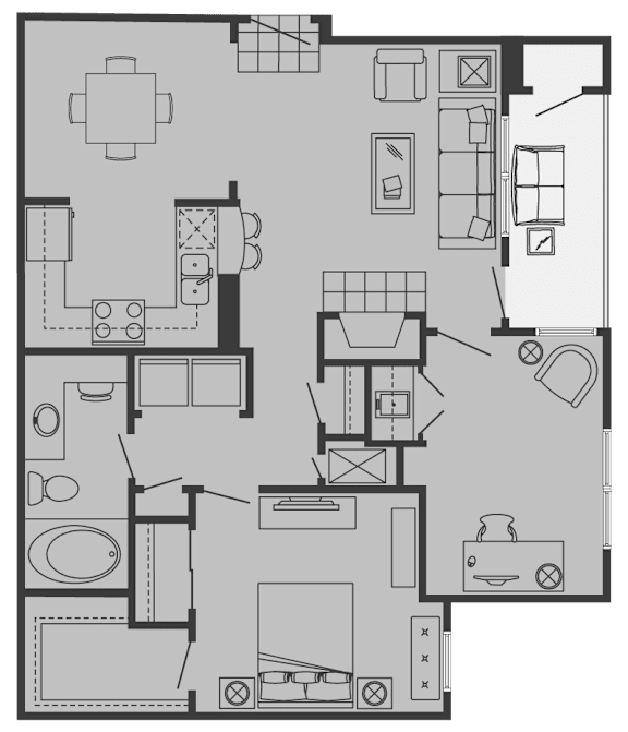 A floor plan of a house with a kitchen, living room, and bathrooms.