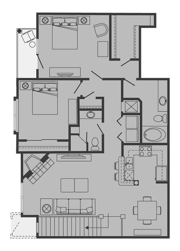 A floor plan of a house with a kitchen, living room, and two bedrooms.