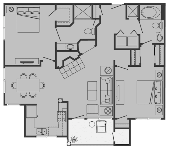 A floor plan of a house with a kitchen, living room, and two bedrooms.