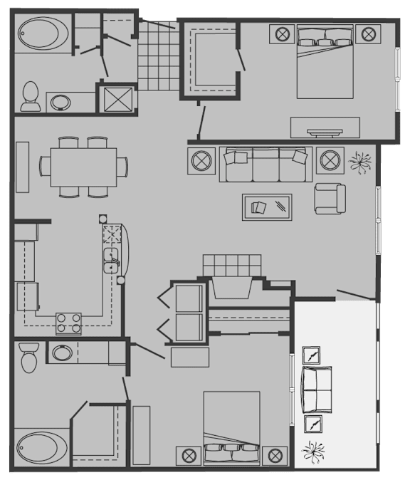 A floor plan of a house with a kitchen, living room, and bathrooms.