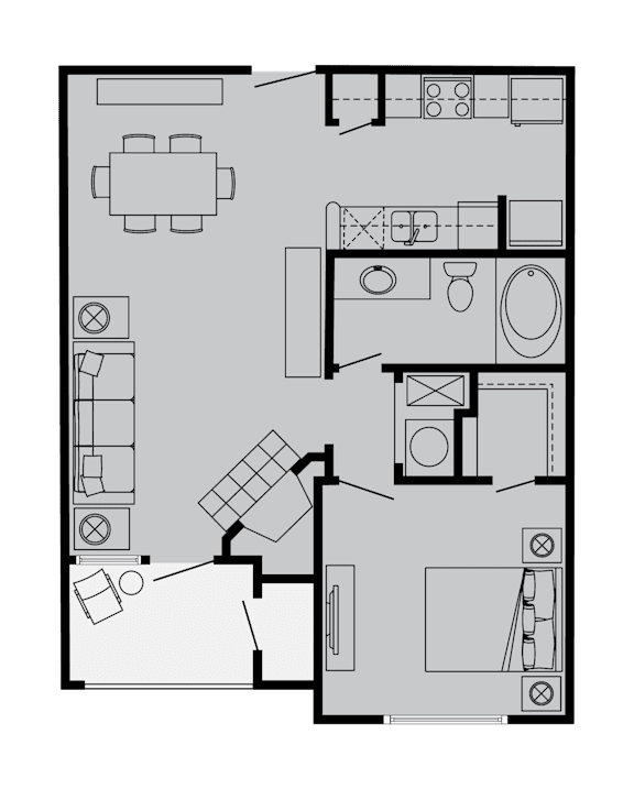 A floor plan of a house with a kitchen, living room, and bathroom.