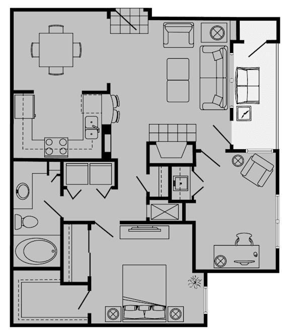A floor plan of a house with a kitchen, living room, and bathroom.