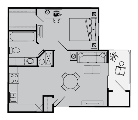 A black and white floor plan of a house with a kitchen, living room, and bathroom.