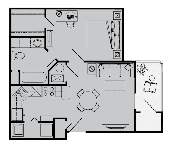 A floor plan of a house with a kitchen, living room, and two bedrooms.