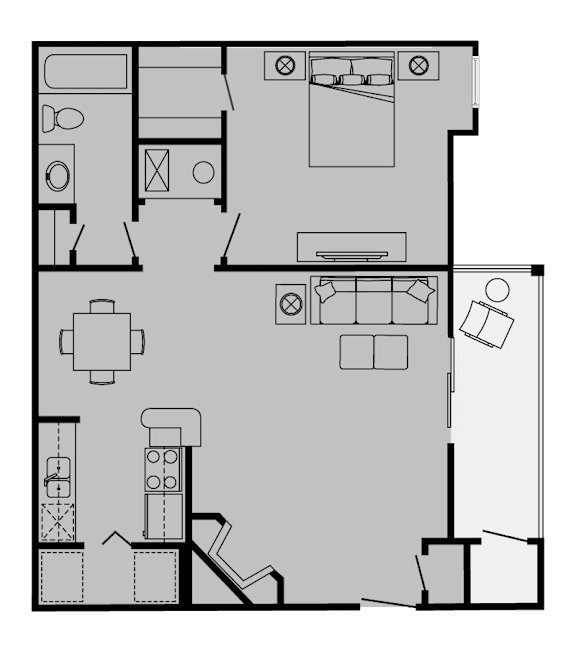 A floor plan of a house with a kitchen, living room, and two bedrooms.