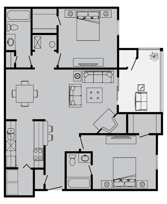 A floor plan of a house with a kitchen, living room, and two bedrooms.