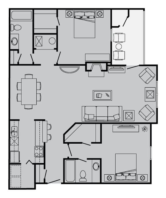 A floor plan of a house with a kitchen, living room, and bathroom.