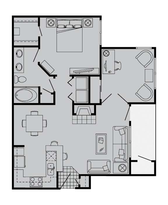 A black and white floor plan of a house with various rooms and furniture.