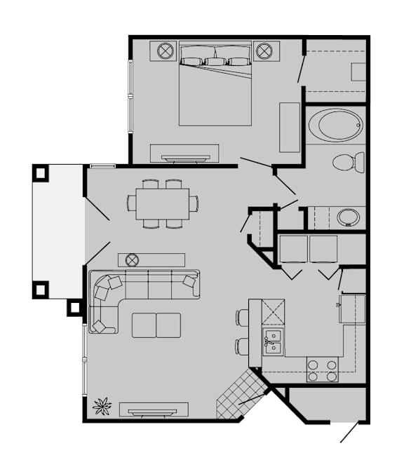 A floor plan of a house with a kitchen, living room, dining room, and bathrooms.