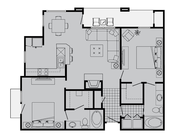 A floor plan of a house with a kitchen, living room, dining room, and bathrooms.