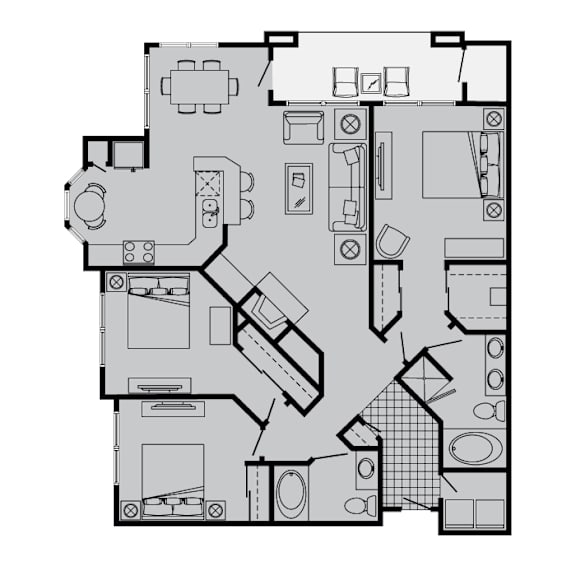 A black and white floor plan of a house with various rooms and furniture.