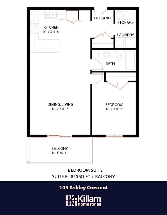 105 Ashley Floor Plan - 1 Bed | 1 Bath (Suite F)