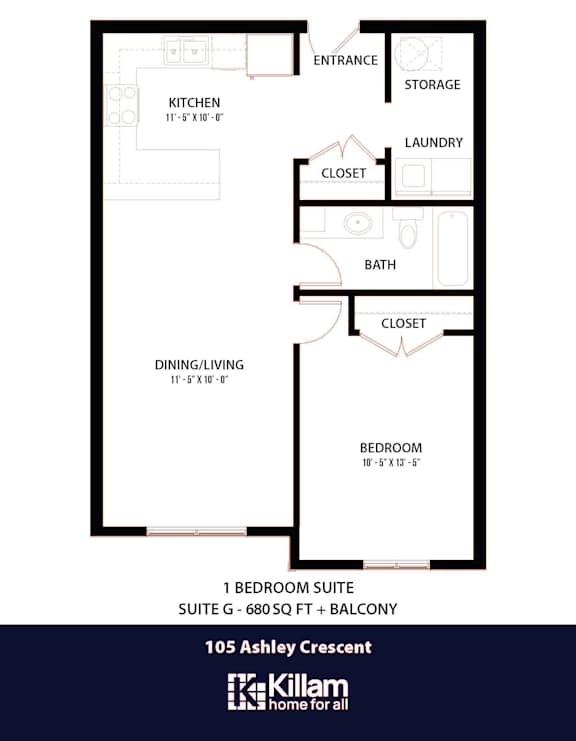 105 Ashley Floor Plan - 1 Bed | 1 Bath (Suite G)
