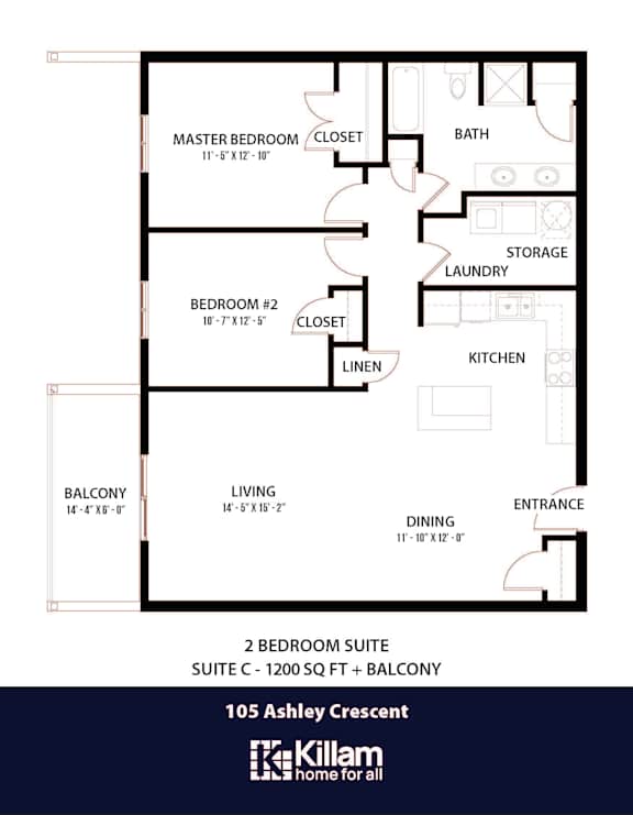 105 Ashley Floor Plan - 2 Bed | 1 Bath (Suite C)