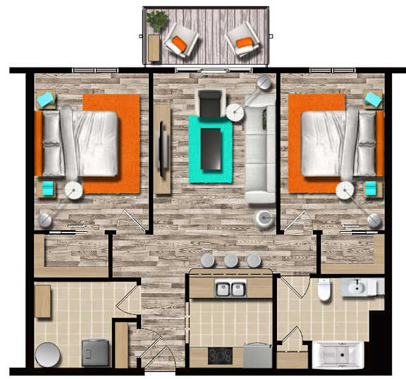 A top-down view of a floor plan showing a kitchen, living room, and bathroom.