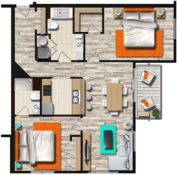 A top-down view of a living room, kitchen, and bedroom layout.