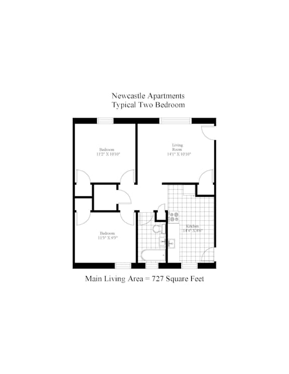 A floor plan of a two bedroom apartment with a living area.