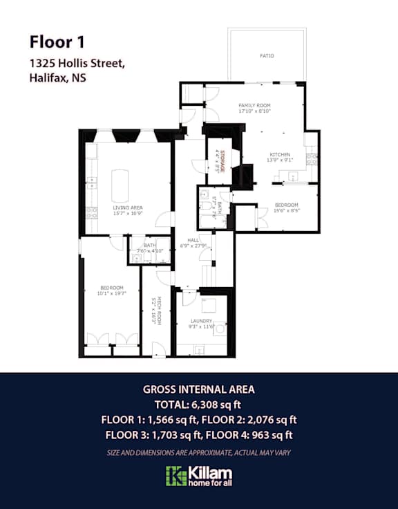 A floor plan for a home with four floors and approximate size and dimensions for each floor.
