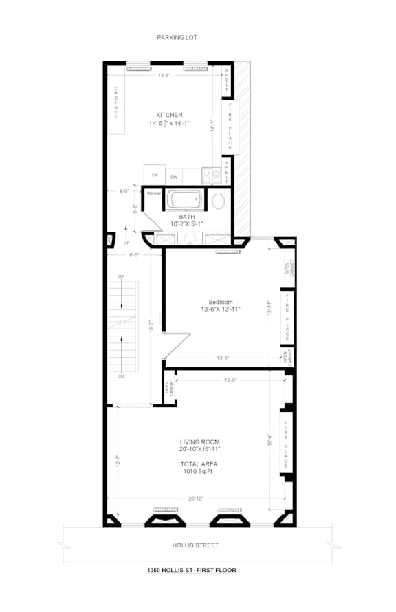 A drawing of a floor plan for a 1368 Hollis Street address.