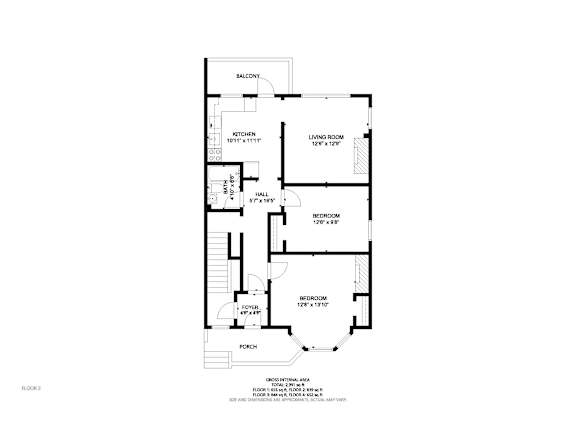 A floor plan of a house with a living room, dining room, kitchen, and two bedrooms.