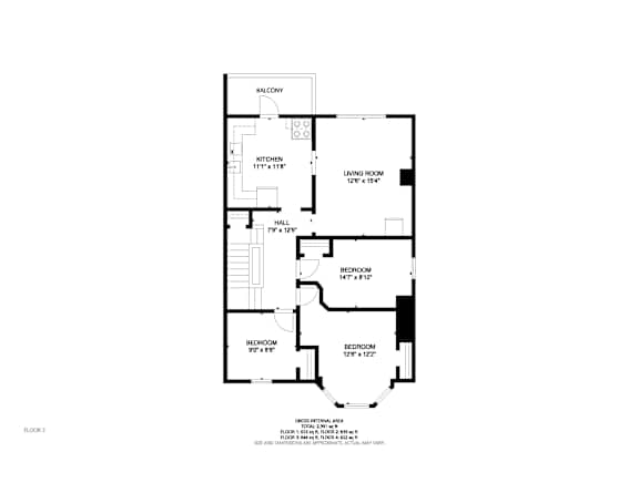 A floor plan of a house with a saloon, kitchen, laying room, and three bedrooms.