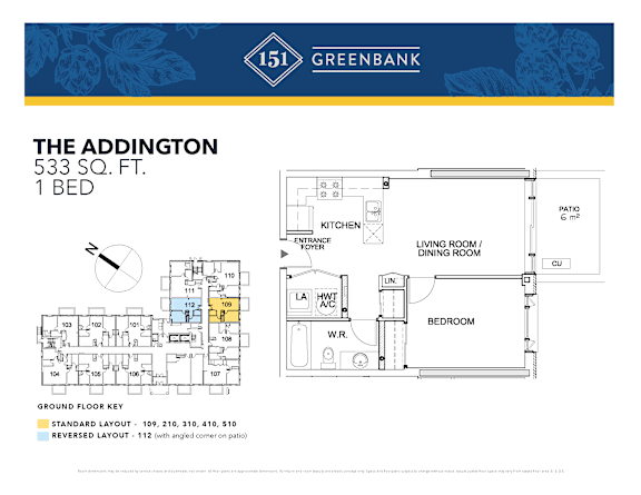 A floor plan for a 1 bedroom apartment at The Addington by Greenbank.