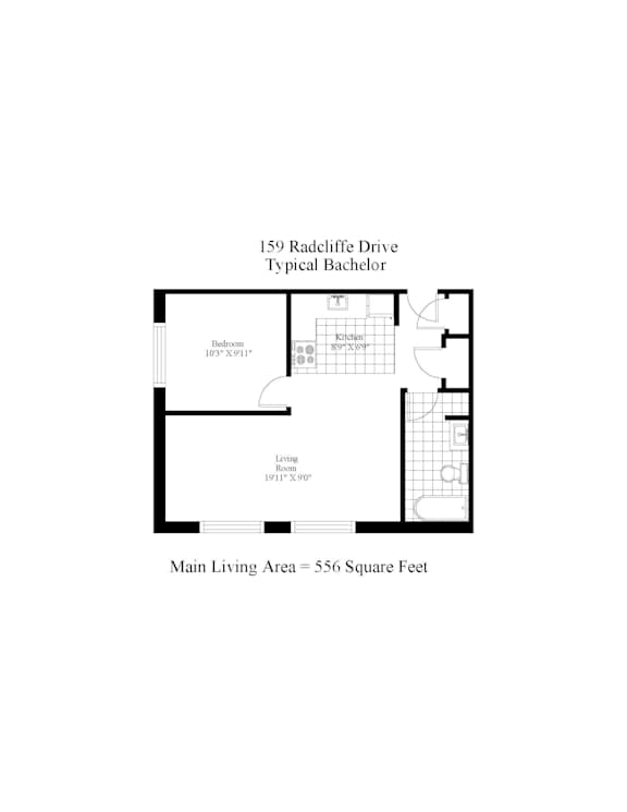 A floor plan of a typical bachelor apartment with a living room, bedroom, and bathroom.