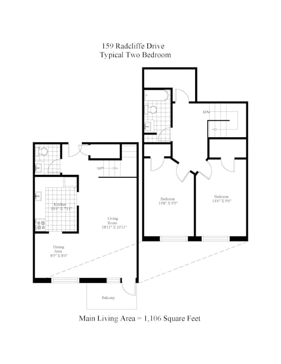 A floor plan for a two bedroom apartment at 159 Radcliffe Drive.