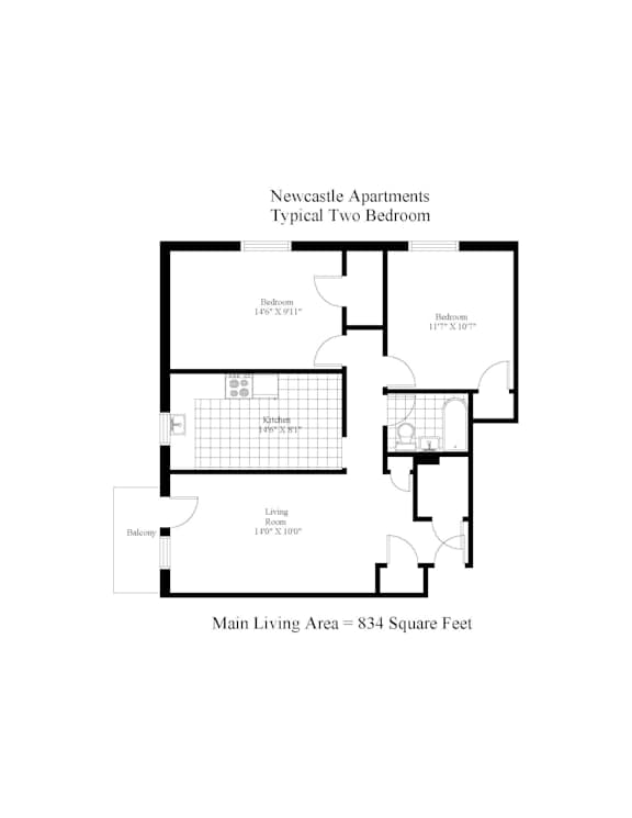A drawing of a two bedroom apartment with a living room.