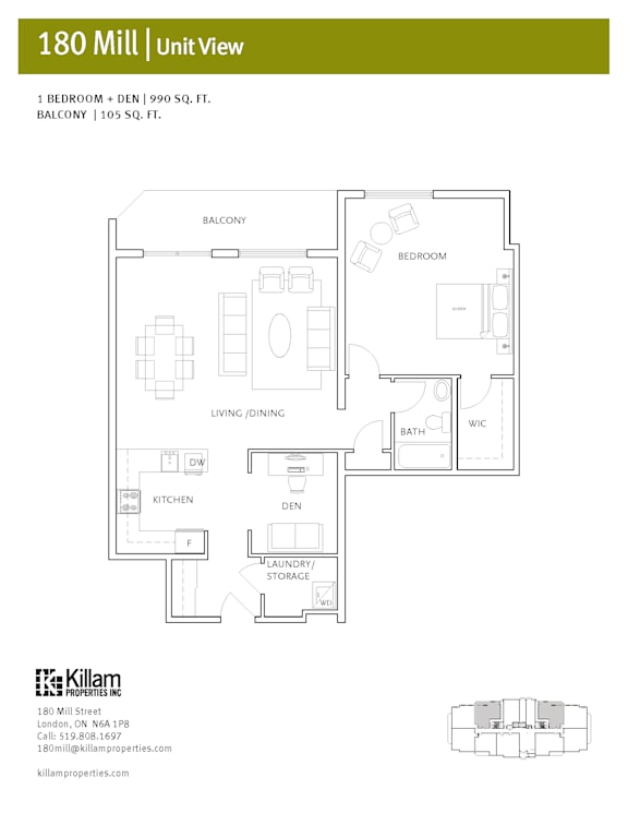 A floor plan for a 180 Mill apartment showing a bedroom, living room, dining room, kitchen, bathroom, and balcony.