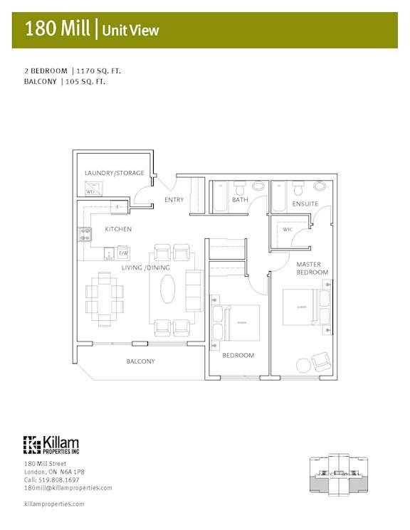 A floor plan for a 180 Mill property showing a 2 bedroom, 1170 sq. ft. unit with a balcony.