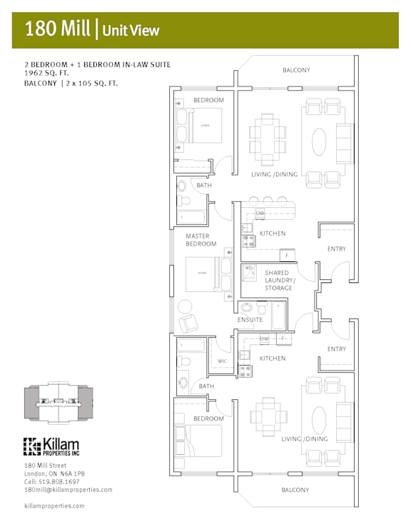 A floor plan for a 180 Mill apartment unit with a balcony.