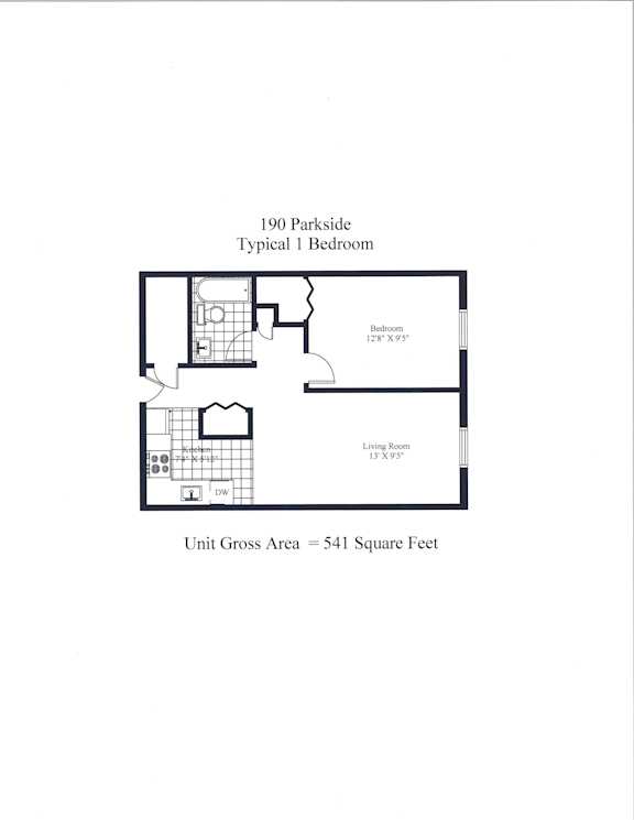 A floor plan for a 1 Bedroom unit at 190 Parkside shows a Living Room, Kitchen, Bathroom, and a DW.