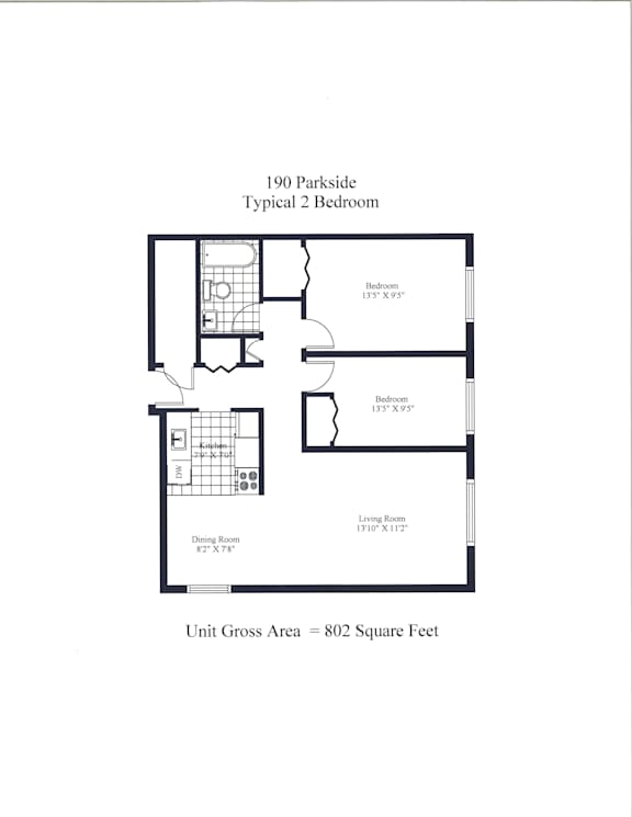 A floor plan for a 190 Parkside Typical 2 Bedroom showing the layout of the rooms.