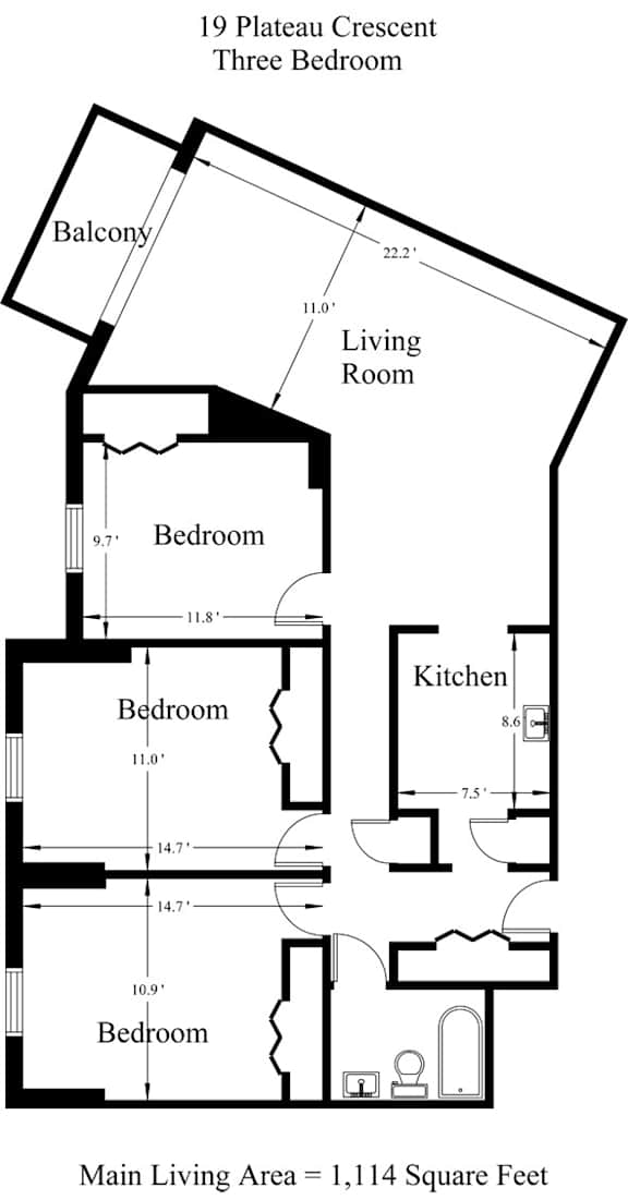 A diagram of a 19 Plateau Crescent Three Bedroom apartment layout.