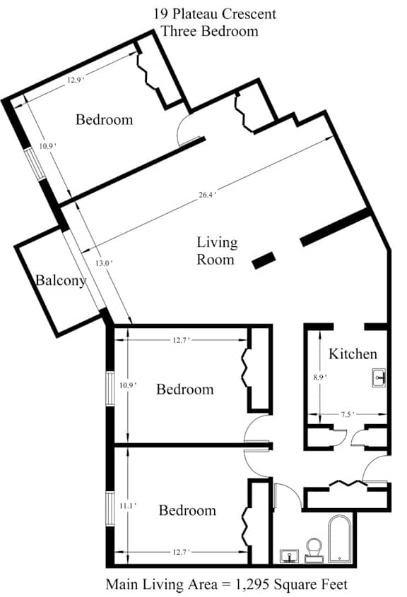 A black and white image of a floor plan for a 19 Plateau Crescent Three Bedroom apartment.