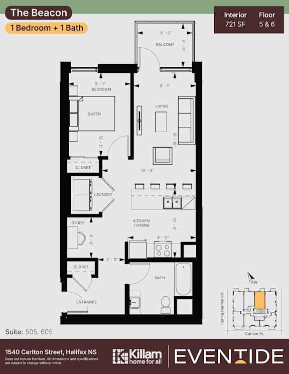 A floor plan for an interior of a 1 bedroom + 1 bathroom apartment.