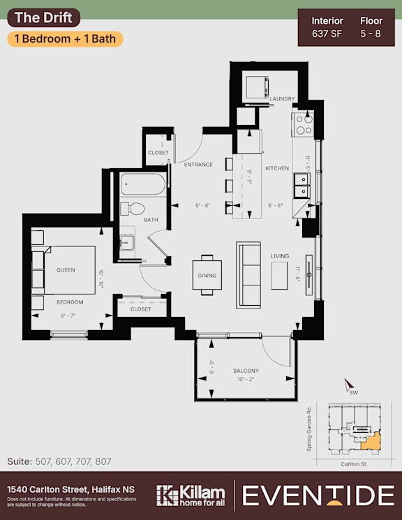 A floor plan for an interior of a 1 bedroom + 1 bath apartment.