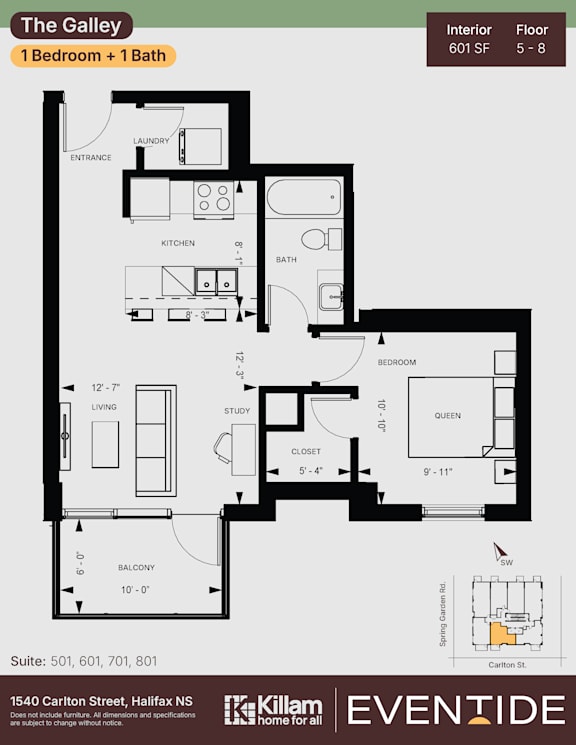 A floor plan for a 1 bedroom and 1 bath apartment at Killam Eventide.
