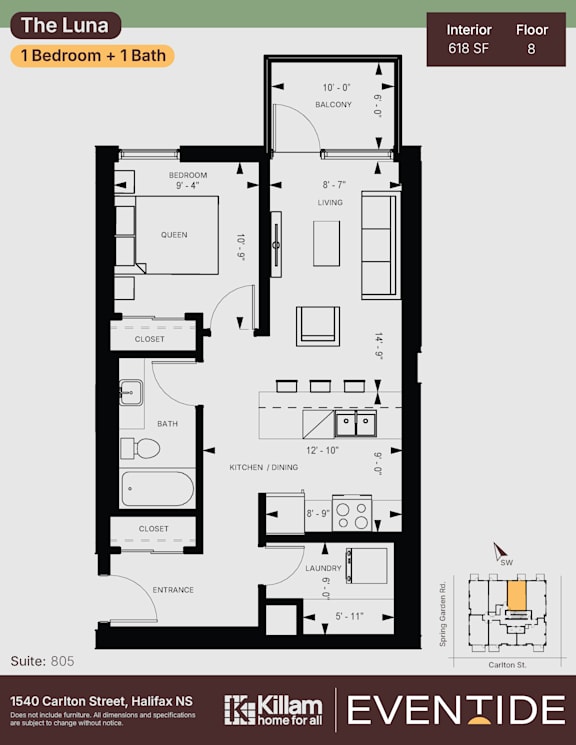 A floor plan for an interior of a 1 bedroom + 1 bath apartment.